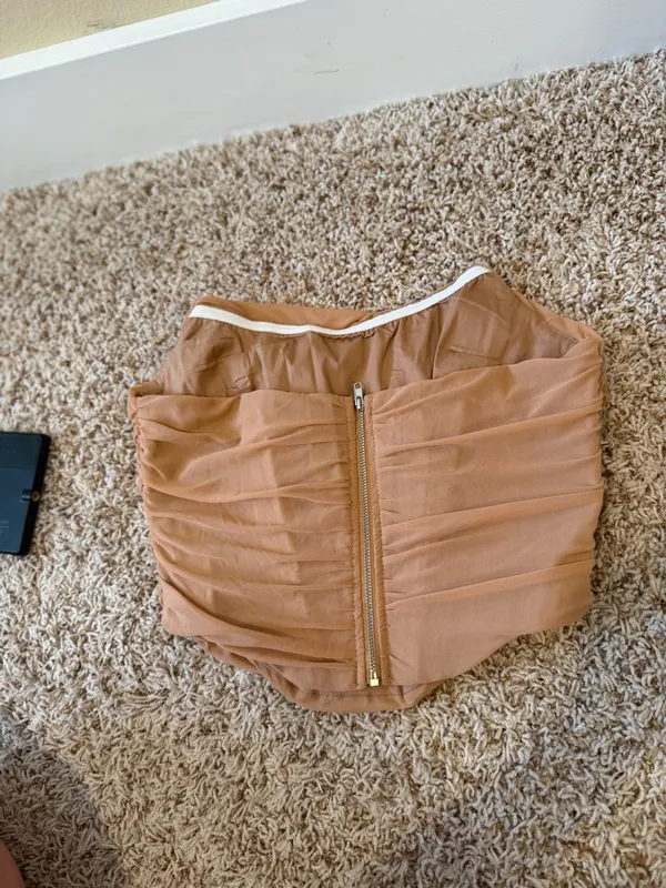 Ruched Strapless Peach Bodysuit Tan Size L - Image 3