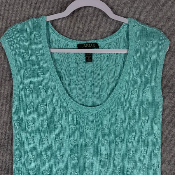 Lauren Ralph Lauren Size-M Top Sweater Vest Aqua Turquoise Cable Knit Scoop Neck - Image 5