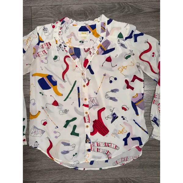 Maeve Anthropologie Blouse Size 2 Winter Gear Novelty Print Ruffle White Multi - Image 12