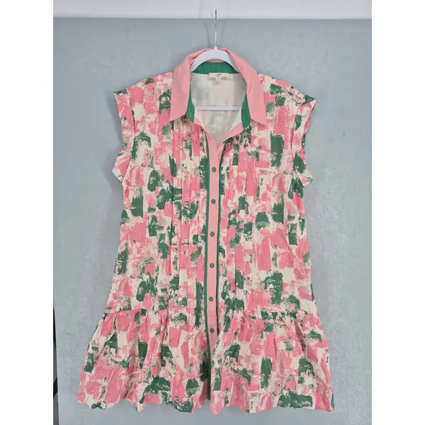 Entro Womens Mini Dress Pink Green Abstract Brushstroke Tiered Ruffle Large - Image 2