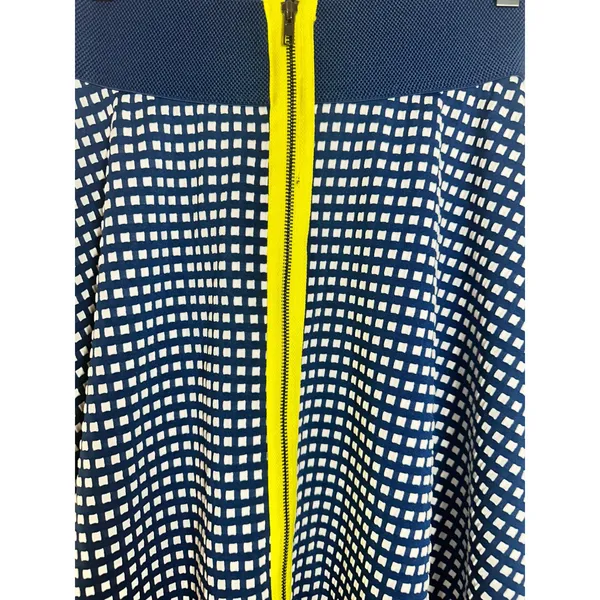 Marc Bouwer Unlimited Blue White Grid A-Line Midi Skirt Neon Yellow Zipper XS - Image 2