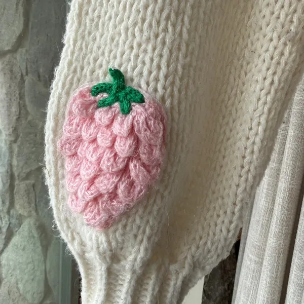 Cream Cardigan with Pink Strawberry Appliqués - Image 3