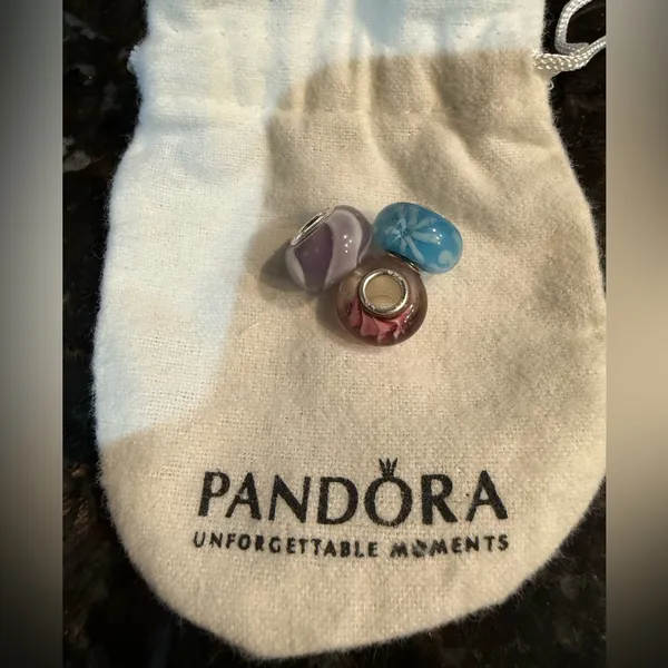 Pandora Set Of 3 Authentic‎ Murano Charm Pink Blue Purple Sterling 925 - Image 2