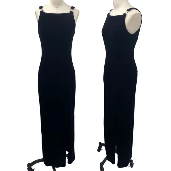 Vintage 90s Betsy & Adam Velvet Column Gown Embellished Maxi Dress Black Small - Image 2