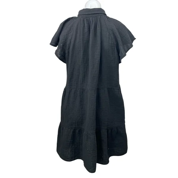 GAP Black Collared Flutter Sleeve Button Tiered Mini A-Line Shirt Dress Size L - Image 2