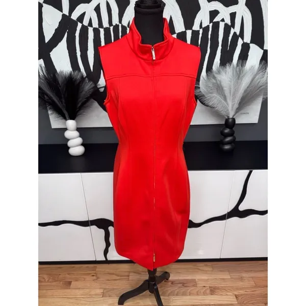 Tommy Hilfiger Dress Womens 12 Coral Red Sleeveless Gold Zip Mini Beltless EUC - Image 2