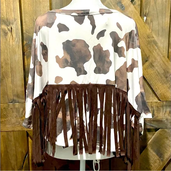 NWT Peach Love California Brown and White Crop Fringe Cow Print Tee - Image 14