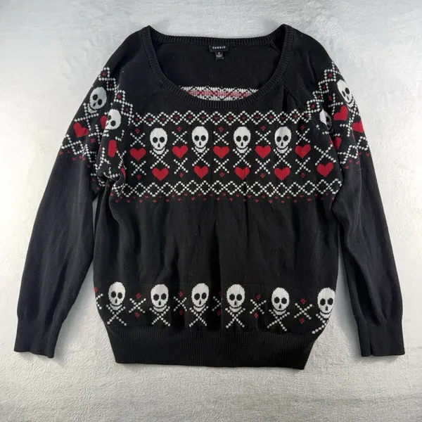 Torrid Plus 2 2X Sweater Skulls Heart Scoop Neck Whimsigoth Grunge Punk Emo Knit - Image 3