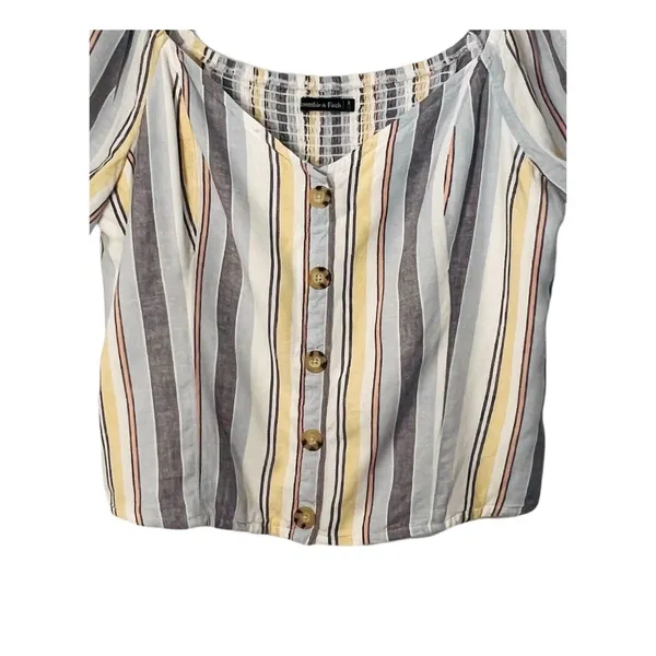 AF Abercrombie Fitch Top Womens Size XL Blue Yellow Linen Blend Short Sleeve - Image 6