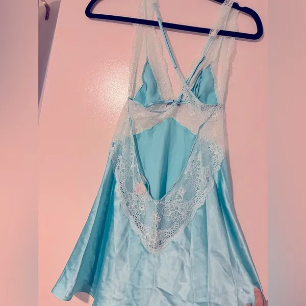 Victoria's Secret 00's vintage aqua silky 100% synthetic lace criss cross back y2k mini slip dress - Image 5