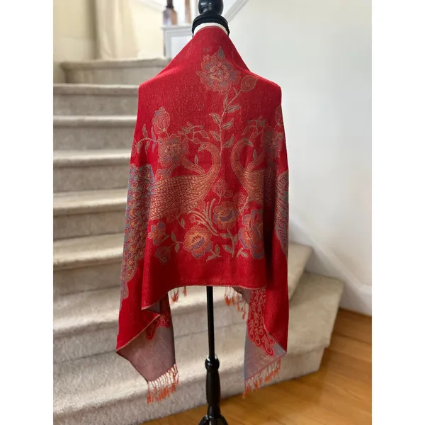 Pashmina Silk Cashmere Red Blue Metallic Gold Peacock Wrap Scarf Boho Western - Image 2