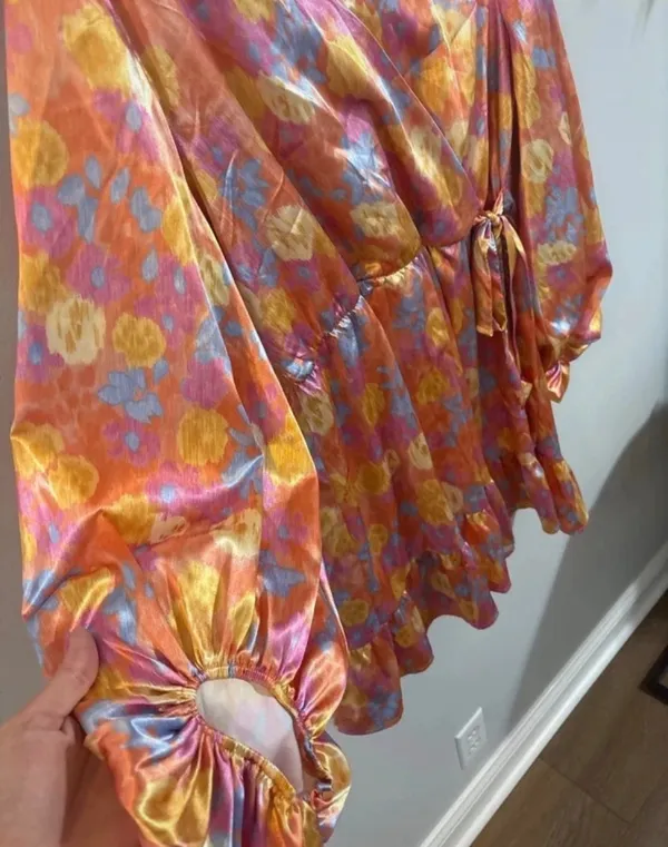 Peach Love California Orange Floral Satin Wrap Dress - Balloon Sleeve - Boho Mini - Image 2