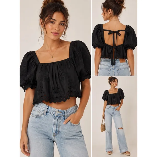 American Eagle Black Eyelet Embroidered Tie Back Crop Top Small Square Neck Puff - Image 2
