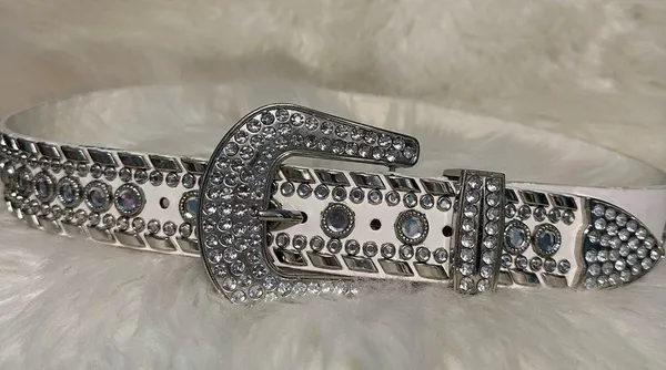 White Chunky Bedazzled Western Style Belt Small - Image 4
