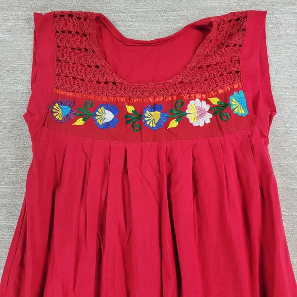 Handmade Mexican Dress M Red Embroidered Muumuu Floral Crochet Boho Hippie Midi - Image 4