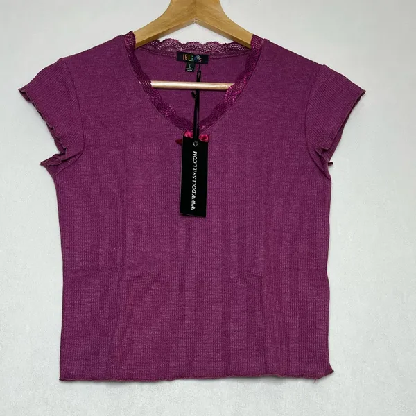 Delia’s x Dolls Kill Purple Baby Tee Lace Trim Coquette Y2K Top Sz M NEW - Image 2