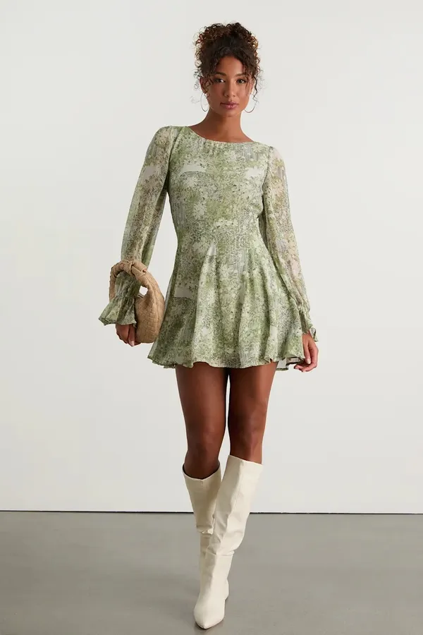Lulus Kivah Green Boho Print Long Sleeve Mini Dress - Image 3