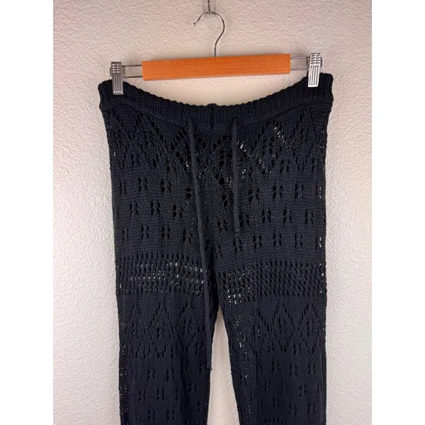 Black Crochet Knit Wide Leg Pants Cover Up Drawstring‎ Beach Boho Size M Resort - Image 2