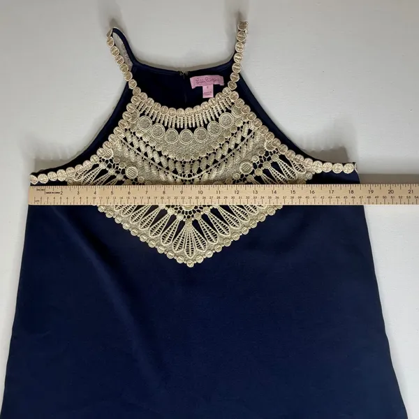 Lilly Pulitzer Pearl Soft Shift Dress Size 6 Navy Gold Metallic Classic Preppy - Image 10