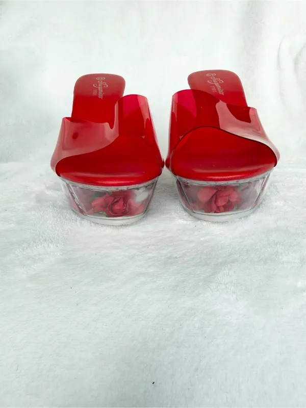 Red Clear Wedge Slide Sandals with Rose - Image 4
