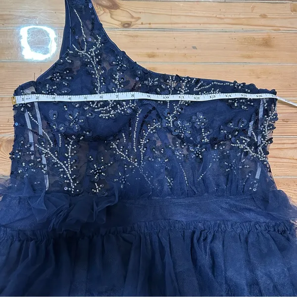 Lulus Fanciful Charm Navy Mesh Beaded Tiered One-Shoulder Mini Dress - Image 7