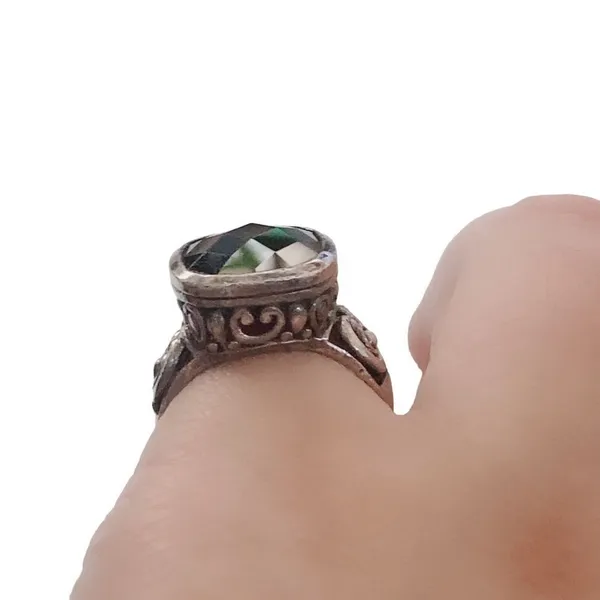 VTG 925 Sterling Silver Faceted Onyx Scroll Filigree Ring Size 6.75 Wide Band - Image 4