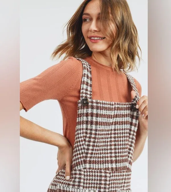 NWT Tea N Rose Brown and White Overall Houndstooth Pinafore Dress Raw Hem - Image 11