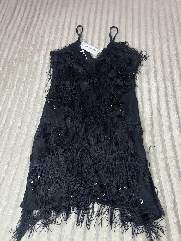 NWT HalfHeart Black Feather Fringe Lace Maxi Dress Goth Size Small - Image 2