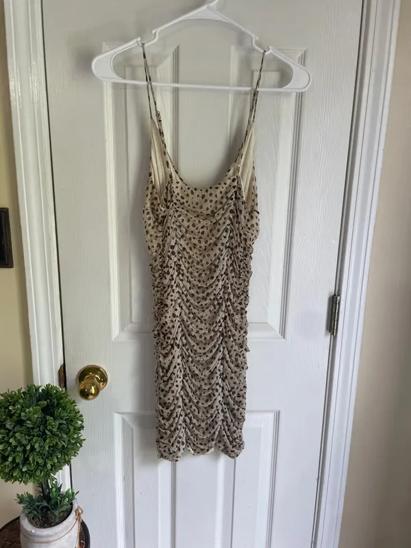Urban Outfitters Beige Polka Dot/Animal Print Ruched Mini Dress - Image 3