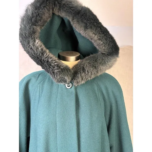 Donnybrook Wool Swing Coat Teal Green Rabbit Fur Trim Hood Vintage 90s Maxi 14 - Image 4
