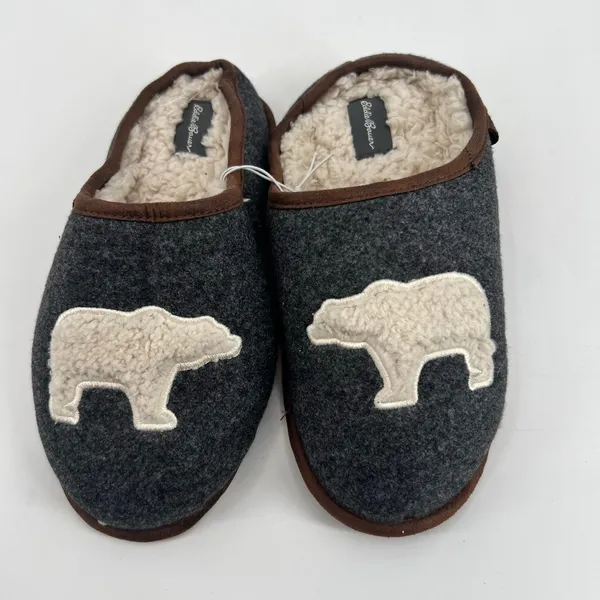 Eddie Bauer Women's Sherpa Lined Clog Slippers Dark Heather Grey Bear Motif 7-8 - Image 2