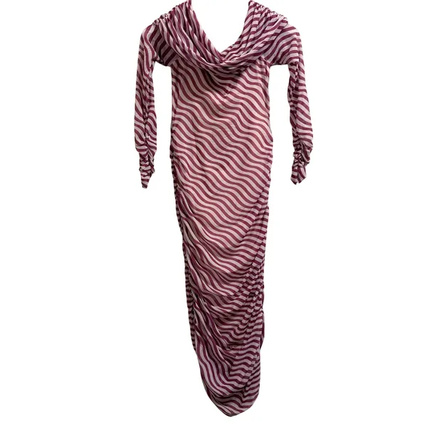 Anthropologie Off-The-Shoulder Mesh Maxi Dress Bodycon Ruched XS Pink White- NEW - Image 3