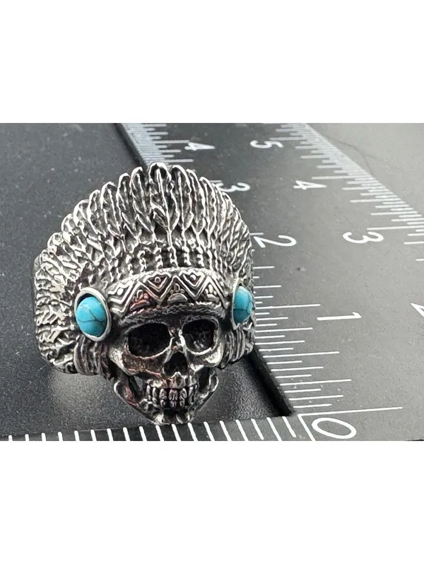 Native American Skull Men's Stainless Steel Ring Size 11 - Image 2