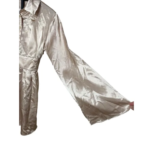 Cider Women Champagne Beige Satin Long Flared Sleeve Shirt Mini‎ Dress Size S - Image 5