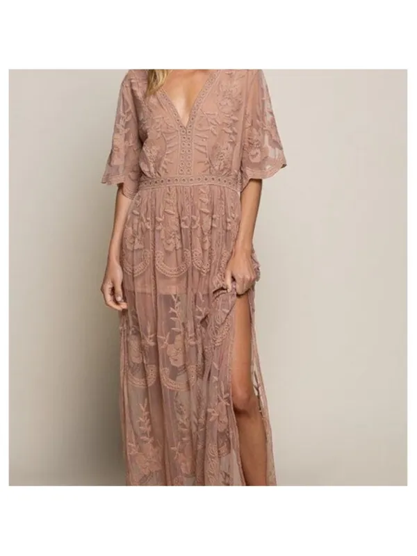 POL “Dress Me In Lace” Cotton Maxi Lace Romper Caramel Festival Coastal Boho M/L - Image 2