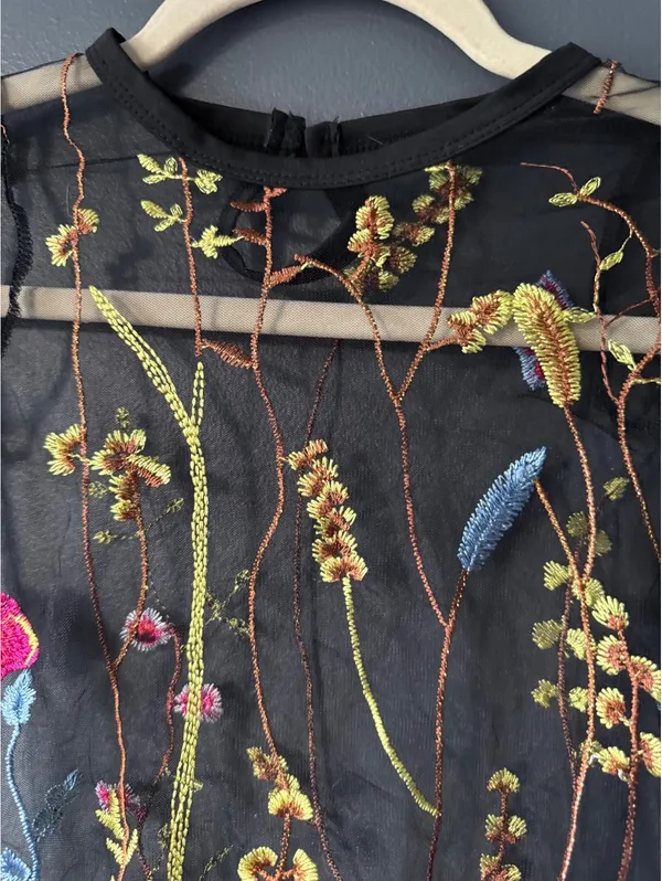 Black Sheer Mesh Top with Colorful Floral Embroidery - Image 3