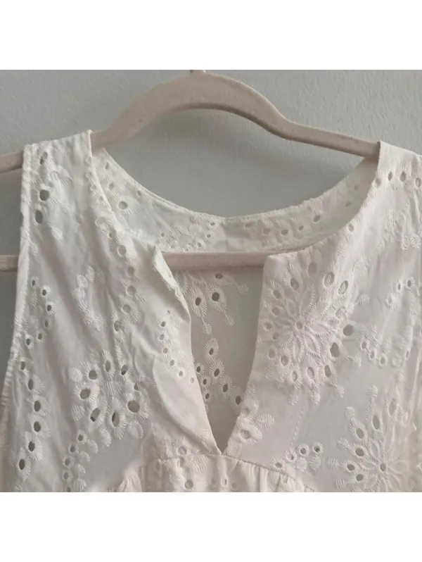 White Eyelet Cotton Dress with Floral Embroidery - Image 3