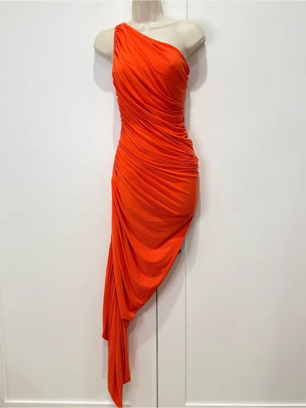 Norma Kamali Diana Ruched One-Shoulder Gown XXS Blood Orange Cocktail Party Chic - Image 5