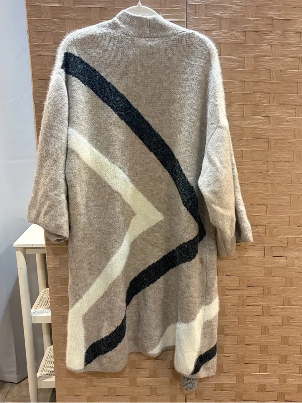 Anthropologie Antonia Neutral Geometric Open-Front Coatigan in Beige and Black L - Image 6