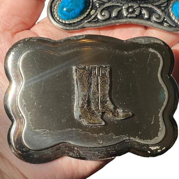 Western Floral Faux Turquoise Retro Design And Cowboy‎ Boots Belt Buckle - Image 4