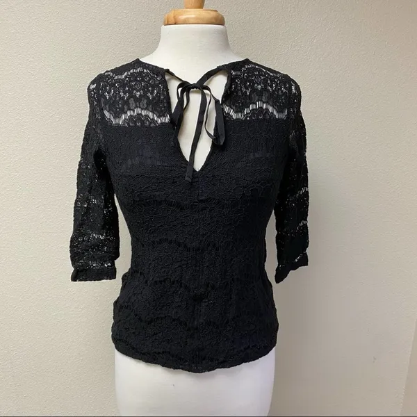H&M Sheer Lace 3/4 Sleeve Top Black S - Image 68