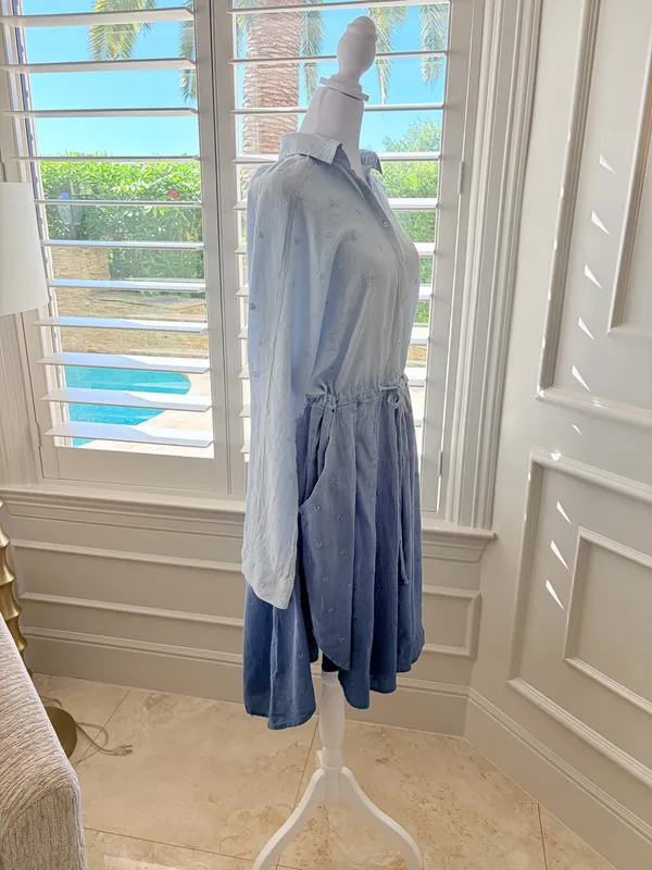 Free People Blue Ombre Button-Front Long Sleeve Dress 100% Cotton - Image 4