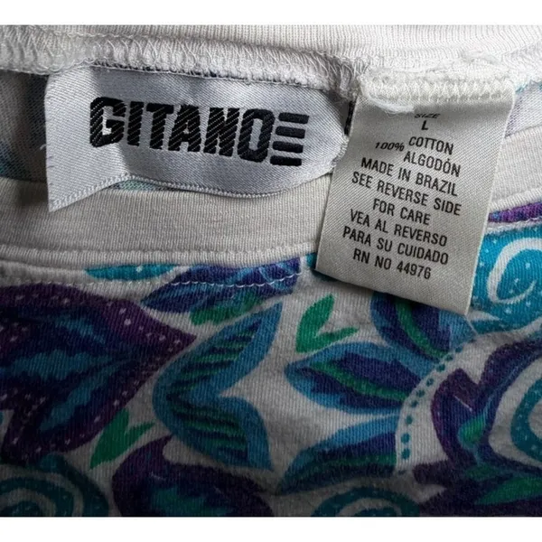 Gitano Vintage 90s Abstract T-Shirt Blue Large Boho‎ Retro Casual Festival Tee - Image 5