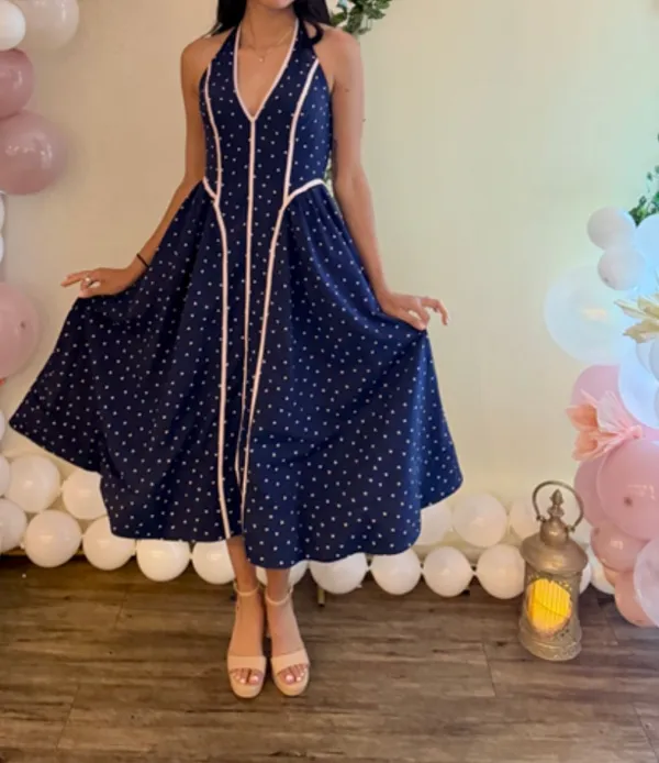 Anthropologie Halter V Neck Midi Dress With Polka dots - Image 4