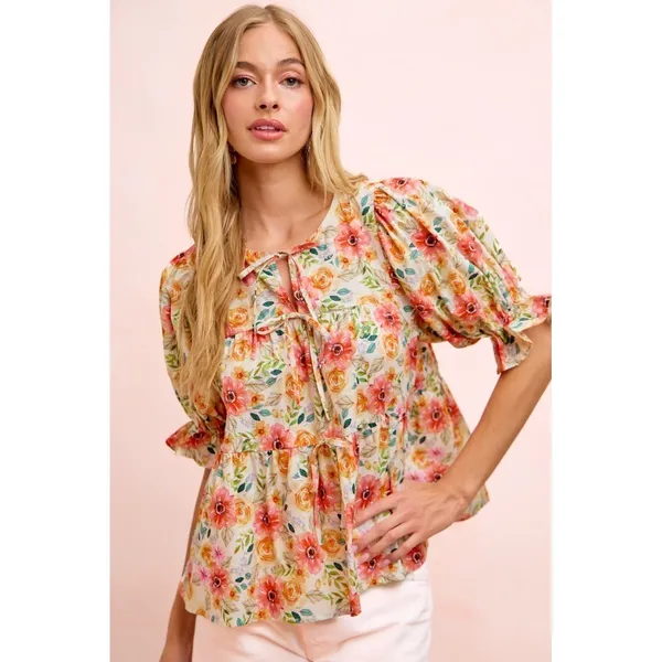 BiBi Flower Printed Shirring Detail Blouse Top - Flower - Medium - Image 13