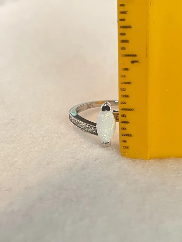 Sterling Silver White Opal Marquise Ring CZ Accents Size 9 Dainty Stackable - Image 5