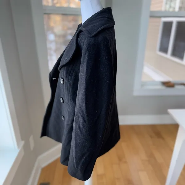 London Fog Black Wool Blend Short Pea Coat Dress Jacket Size Medium - Image 2
