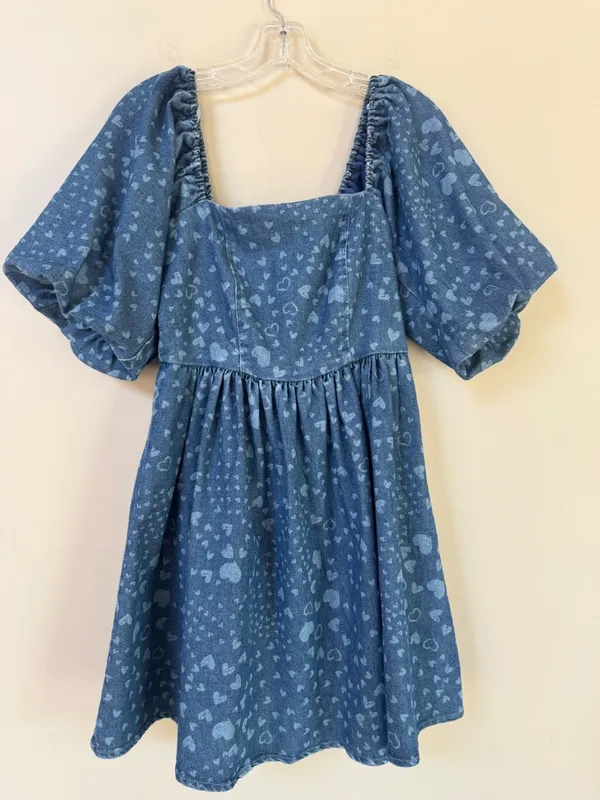 NWT Avec Les Filles Swirling Hearts denim puff sleeve babydoll minidress bow S - Image 4