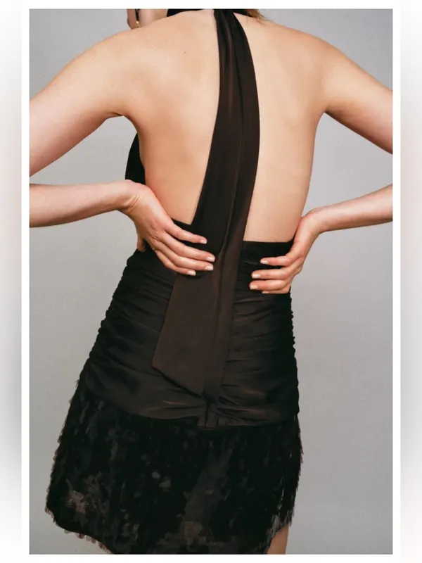 Zara Mini Dress Satin Brown Halter Ruched Sequin - Image 6