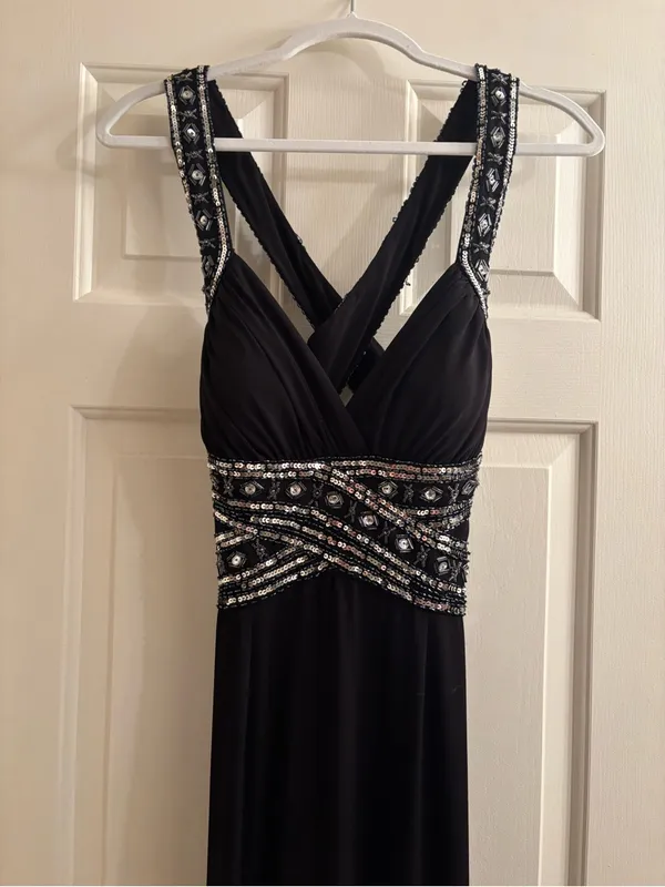 Adrianna Papell Black Maxi Gown with Silver Beading - Image 2